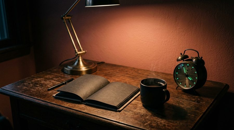 Meja kayu dengan buku catatan, cangkir kopi, dan alarm jam weker menyala redup di pagi yang gelap