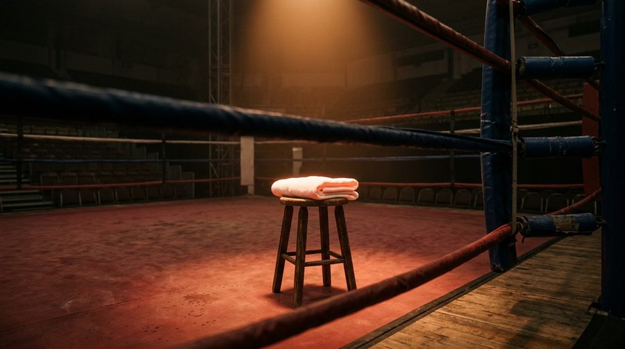 Bangku kecil kosong di sudut ring dengan handuk terlipat, sepi setelah latihan