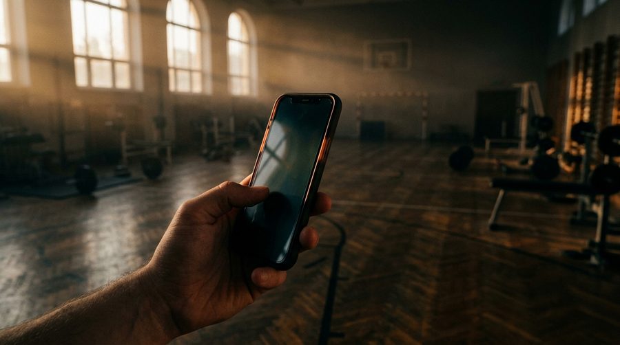 Tangan memegang ponsel mengambil foto lantai gym kosong yang redup di waktu subuh