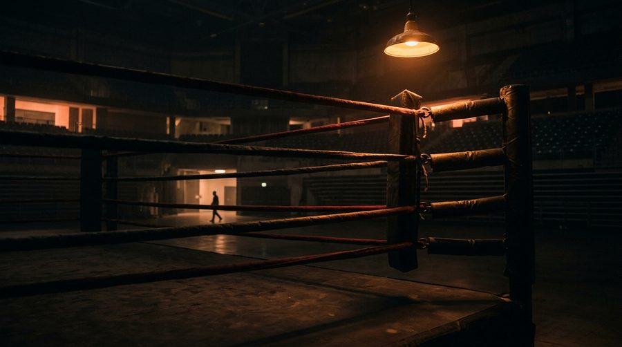 Sudut ring tinju kosong di arena gelap dengan satu lampu hangat menyinari tiang dan tali
